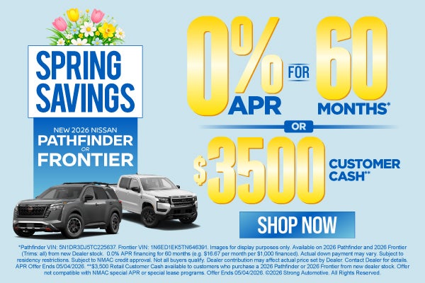 2026 Nissan Pathfinder / 2026 Nissan Frontier	"0% APR for 60