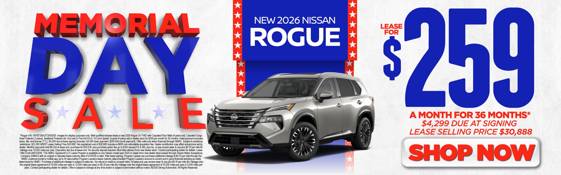2026 Nissan Rogue	"Lease for $259/month for 36 months* $4,29