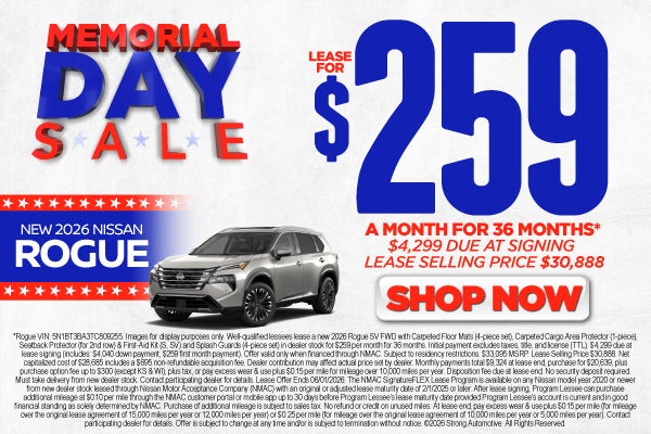 2026 Nissan Rogue	"Lease for $259/month for 36 months* $4,29