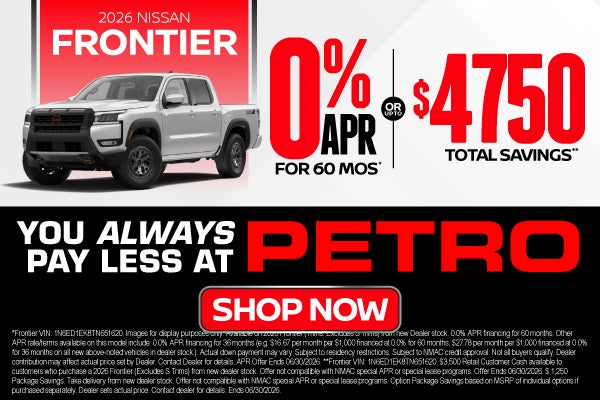 2026 Nissan Frontier	"0% APR for 60 months* Or Up to $4,750 