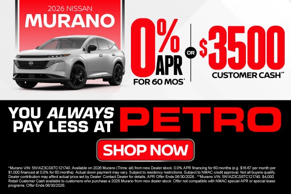2026 Nissan Murano	"0% APR for 60 months* OR $3,500 Customer