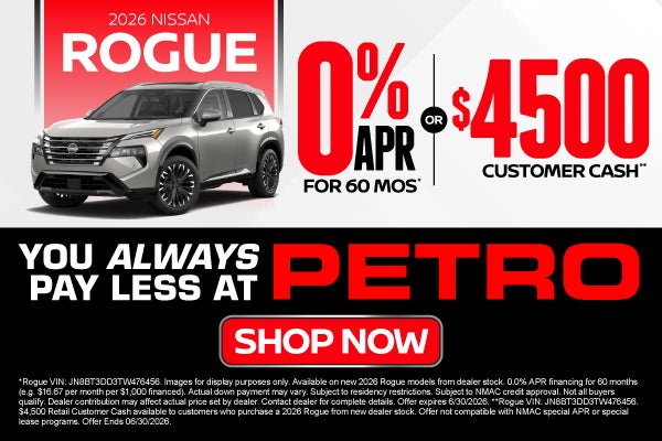 2026 Nissan Rogue	"0% APR for 60 months* OR $4,500 Customer 