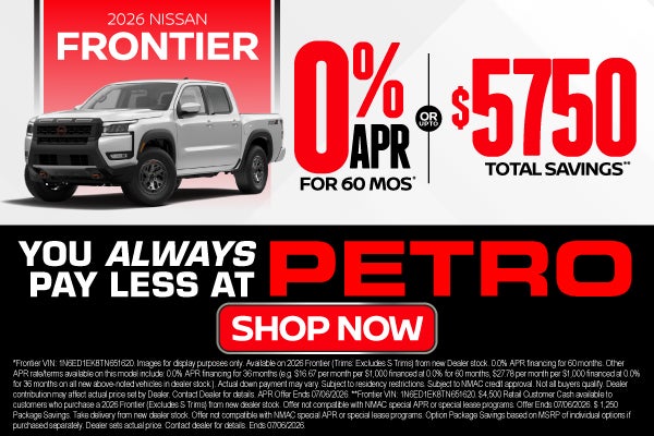 2026 Nissan Frontier	"0% APR for 60 months* Or Up to $5,750 