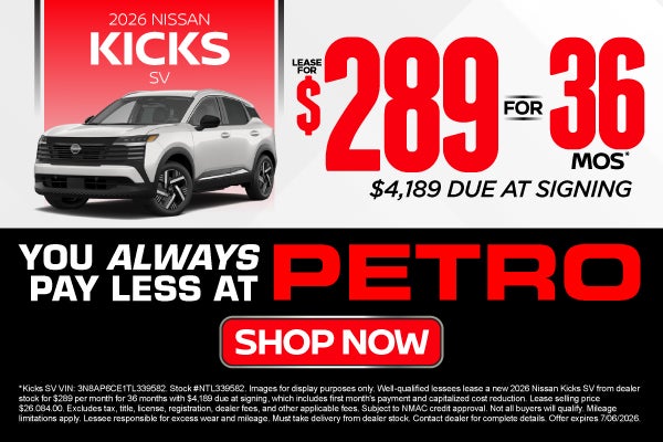 2026 Nissan Kicks SV	"Lease for $289/Month for 36 Months* $4