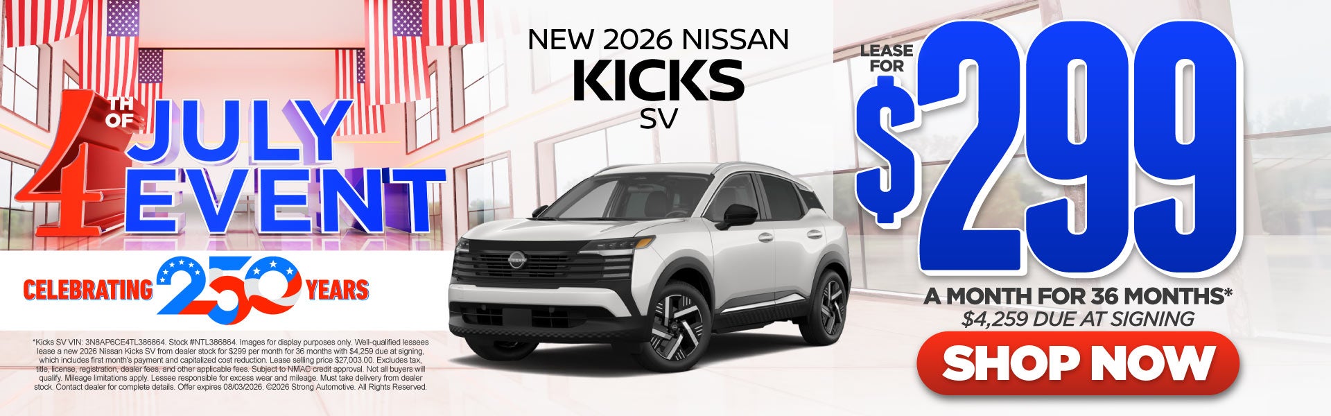 2026 Nissan Kicks SV	"Lease for $299/Month for 36 Months* $4