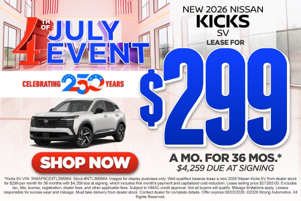 2026 Nissan Kicks SV	"Lease for $299/Month for 36 Months* $4