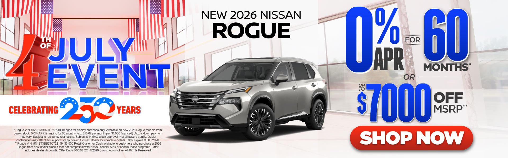 2026 Nissan Rogue	"0% APR for 60 months* OR up tp $7,000 off