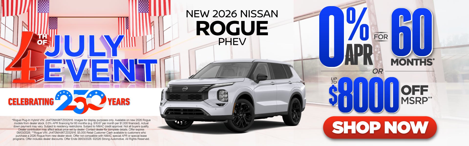 2026 Nissan Rogue PHEV	"0% APR for 60 months* OR up tp $8,00