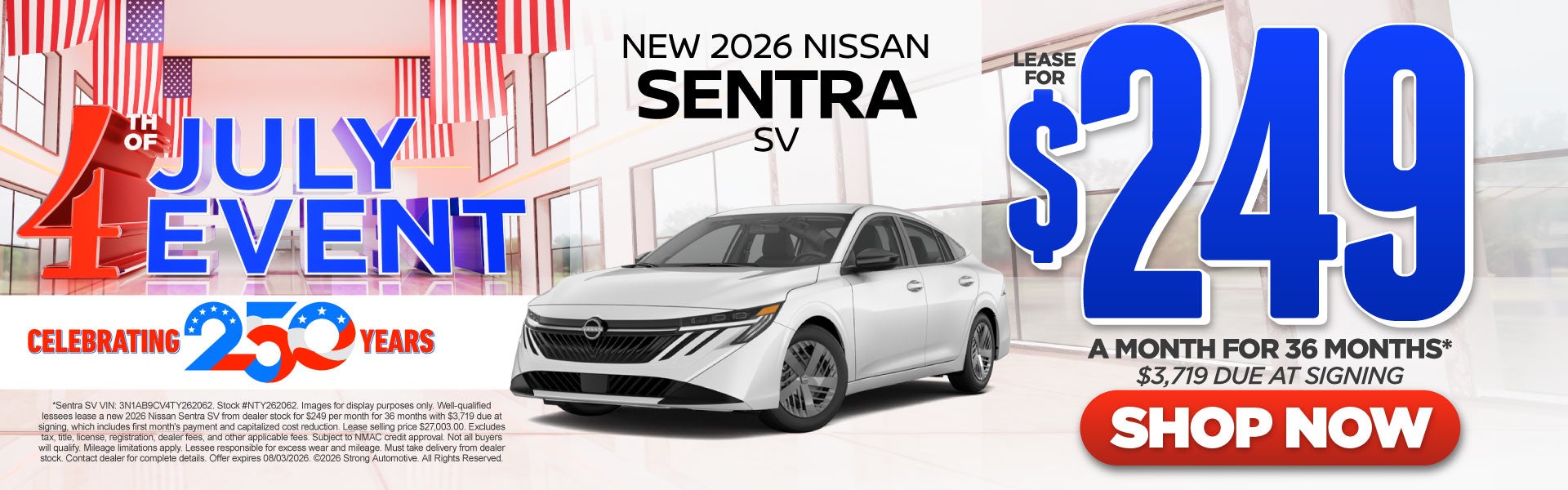 2026 Nissan Sentra SV	"Lease for $249/Month for 36 Months* $