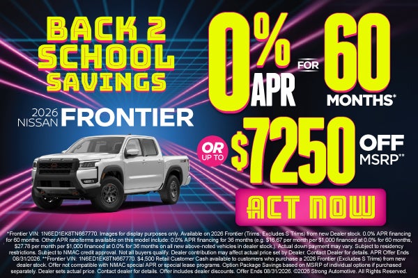2026 Nissan Frontier	"0% APR for 60 months* OR up tp $7,250 